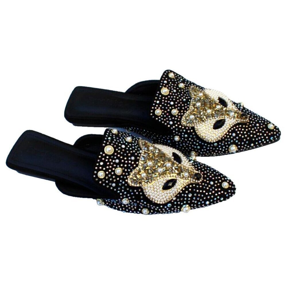 Black Fox Print Slip-On Loafers Sparkling Rhinestones & Pearl Embellishments 7.5 - Picture 3 of 4